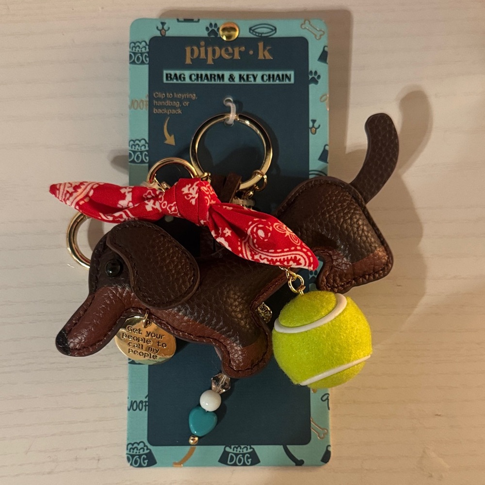 Piper K Brown Dog Keychain with Red Bandana and Yellow Ball